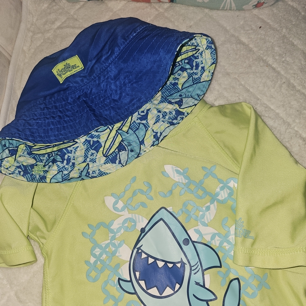 Kids Shark Print Rashguard Set - Neon Green and Blue - Picture 4 of 8